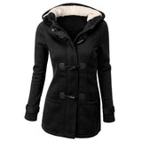 Hooded Cotton Blend Classic Horn Leather Buckle Coat Jacket Cotton Coat Women