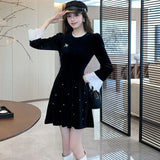 Bjlxn Woman Spring Summer New Elegant Velvet Mini A-line Dresses Long Sleeve  Party  Fashion One Piece Robe