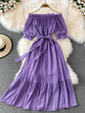 Bjlxn Beach Dress Women Sexy Off The Shoulder Slash Beach Chiffon Dresses Ladies Elegant A Line Bandage Party Dress Long Robe