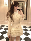 Bjlxn French Vintage 2-piece Set Tweed Lace Patchwork Single Breasted Coat Ruffles Cake Mini Skirt Korean Fashion Autumn Outfits New