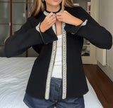 Bjlxn Style Autumn New Women's Casual Bead String Decoration Long Sleeved Round Neck Black Jacket Jacket