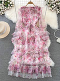 2024 Fashion Gorgeous Flower Mesh Cascading Ruffles Dress Women's Stand Butterfly Sleeve Pink Floral Print Fairy Maxi Vestido