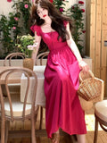 2024 Summer Elegant Women Sweet Party Midi Holiday Dresses Casual Female Lace Up Robe