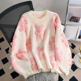 Bjlxn Cartoon Pink Women Sweaters Bows Autumn Winter Korean Fashion Sweet Pull Femme Kawaii Loose Warm Retro Pullovers