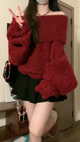 Bjlxn Women Red Pullover Knitted Sweater Harajuku Y2k Long Sleeves Slash Neck Sweater Jumper Vintage 2000s Aesthetic Clothes 2024