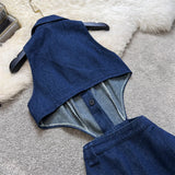 Bjlxn Women Summer Retro Turn-down Collar Denim Dress Hollowed Out Split High Waist Jeans Skirts