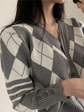 Japanese School Uniform Ladies Sweaters Cute Top Argyle Cropped Cardigan V Neck Preppy Style Knit Sweater Pull Femme