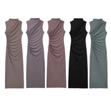 Bjlxn  Spring And Summer Women's New Fashionable Temperament Solid Color Pleated Decorative Dress