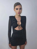 Bjlxn - Sequined Hollow Strap Slim Mini Dress Women Sexy Long Sleeve Hip Wrap Patchwork Black Party Evening Dress Female Summer