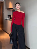 2023 Slim White Tshirt Black Red Woman T-shirt Sexy Plain Clothing Off Shoulder Top for Women Aesthetic Korea Stylish Funny Tee