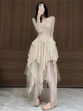 Bjlxn French Vintage Irregular Fairy Dress Spring Long Sleeve Lace Up Spliced Birthday Party Vestidos Women Clothing