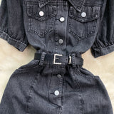 Bjlxn Youth Women Single Breasted Denim Dress French Summer Short Sleeve High Waist Puff Sleeve Pocket Mini Jeans Dresses