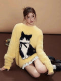 Bjlxn American Retro Cartoon Cat Bow Plush Sweater Sweater Women Y2K Korean Autumn and Winter Sweet and Spicy Jacquard Loose Pullover