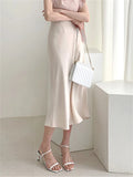 Bjlxn Summer Spring Women Elegant High Waist Satin Skirt Female Casual A-Line Midi Silk Fashion Skirt