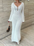 Bjlxn - White Knit Fashion Cover up Maxi Dress Female See-Through V-Neck Hollow Out Beach Holiday Dress Knitwear Backless Dress