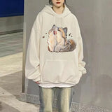 Bjlxn 2024 Spring Winter Embroidery Cat Print Pullover Cute Cartoon Street Hoodies Women Men Loose Couples Clothes Versatile Top