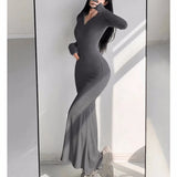 Bjlxn Autumn New Solid Bodycon Midi Dresses for Women Long Sleeve Zipper Design Slim Mermaid Dress Casual Party Bandage Dress Vestidos