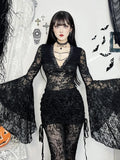 Bjlxn Vintage Dark Goth Lace T-shirt Women Sexy Aesthetice Coquette See Through Beaded V-neck Flare Sleeve Crop Tee Tops Femme