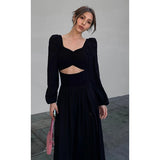 Bjlxn - Elegant Black Square Collar Women Dresses Summer Fashion Short Sleeve Hollow Out Dresses Casual Slit Straight Floor-length Dress