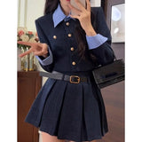 Bjlxn Korean Fashion Elegant Two-piece Skirt Set Women Single Breasted Crop Top Pleated Mini Skirt Preppy Style Autumn New Outfits