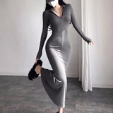 Bjlxn Autumn New Solid Bodycon Midi Dresses for Women Long Sleeve Zipper Design Slim Mermaid Dress Casual Party Bandage Dress Vestidos