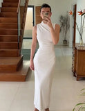 2024 New Elegant Women's White Pleated Slim Long Dress Fashion Sleeveless Bodycon Dresses Lady Sexy Party Evevning Robes