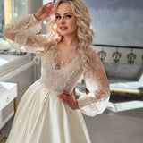 Exquisite A-line Wedding Dress For Bride Princess Lace Appliques Long Puffy Sleeves Vestido De Novia Boda Satin Robe