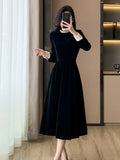 Bjlxn Woman Spring Summer New Elegant Velvet Patchwork Midi A-line Dresses Office Lady Long Sleeve Party Fashion One Piece Robe