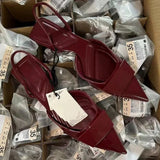 Bjlxn Summer Flat Sandals for Women Chic Design Sexy Pointed Toe Casual Back Strap Shallow Slingback Mules Shoes Wine Office Footwear