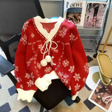 Bjlxn Christmas Snowflake Sweater Women Jumper Bow V Neck Long Sleeve Knitted Sweater Winter Pullover Tops Korean Fashion Sweater New