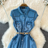 Bjlxn Elegant Women Denim Dress Summer Lapel Collar Sleeveless Thin Jean Maxi Dress French Style Retro A-Line Shirt Dresses