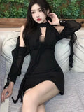 Bjlxn Black Dresses Women Sexy Hollow Out Female Casual Temperament New Spring Off Shoulder Korean Style Solid Hotsweet Empire Fashion