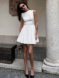 Bjlxn - White Sleeveless Dress For Women Folds Patchwork High Waist Pullover Elegant Slim Party Evening Female Short Dress Summer