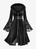 Bjlxn Plus Size Vintage Coats Black Long Outwear Mesh Flocking Flare Sleeves Zipper PU Buckle Belt Fur Trim Asymmetrical Coat