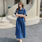 Bjlxn Casual Women Denim Dress Elegant Fashion Short Sleeve Turn-Down Collar Single Breasted High Waist Vintage Dress Female