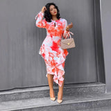 Bjlxn Ins Internet Celebrity Independent Site Amazon Autumn and Winter New Commuter Printed Ruffled Hip-Covering One-Step Dress