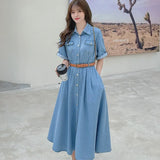 Bjlxn Casual Women Denim Dress Elegant Fashion Short Sleeve Turn-Down Collar Single Breasted High Waist Vintage Dress Female