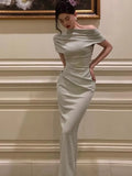 Bjlxn Elegant Off Shoulder Evening Party Dresses for Women Summer New Fashion Slim Solid Vestidos Korean Prom Robe Female Clothing