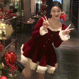 Bjlxn Elegant Velvet Lace Ruffles Patchwork Short Dresses for Women Long Sleeve A-line Korean Fashion Christmas Birthday Party Dress