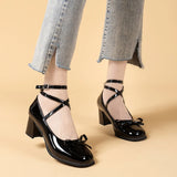 Bjlxn Black Retro Cross-Tie Pumps Casual Summer Round Toe Shoes Ladies Sweet Fashion Shoes Woman Bow Design