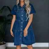 Bjlxn Summer Women Lapel Casual Denim Dress Sexy High Waist Single Breasted Button Short Sleeve Mini Dress