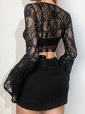 Bjlxn Mall Goth Lace T-shirt Women Aesthetic Sexy See Through V-neck Flare Sleeve Crop Tee Tops Emo Alternative Indie Clothes