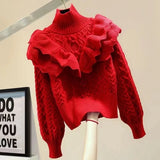 Bjlxn Knitted Autumn Pullover Sweater Women Turtleneck Ruffle Pleated Ladies Sweaters Top Long Sleeve Modis Korea Style Woman Top