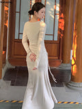 Bjlxn Spring Autumn New Elegant Bodycon Drawstring Dress Women Fashion Wedding Party Mermaid Vestidos Korean Female Corset Y2k Robe