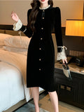 Bjlxn Woman Winter Spring New Elegant Velvet Patchwork Midi Slim Dresses Lady Party Prom Fashion One Piece Clothes