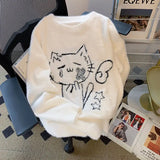 Bjlxn White Pullovers Cartoon Cat Print Jacquard Weave Knitted Sweater Korean Winter Women Designer Loose Cute Knitwear Jumpers Teens