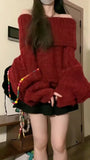 Bjlxn Women Red Pullover Knitted Sweater Harajuku Y2k Long Sleeves Slash Neck Sweater Jumper Vintage 2000s Aesthetic Clothes 2024