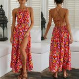 Bjlxn Summer 2024 European And American Women's Halter Red Print Sexy Halter Waist Swing Beach Dress