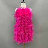 Bjlxn Lady Fashion Summer Feather Dress Sexy Backless Women's Dress Strap Medium Length Ostrich Feather S5659