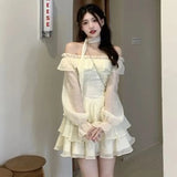 Bjlxn Elegant Mini Dresses Woman Solid Off Shoulder Ruffles A-line Long Sleeve Lace-up Short Party Dress Korean Fashion One Piece New